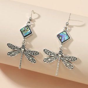 Bohemian Silver Dragonfly Shell Stone Dangle Earrings NEW